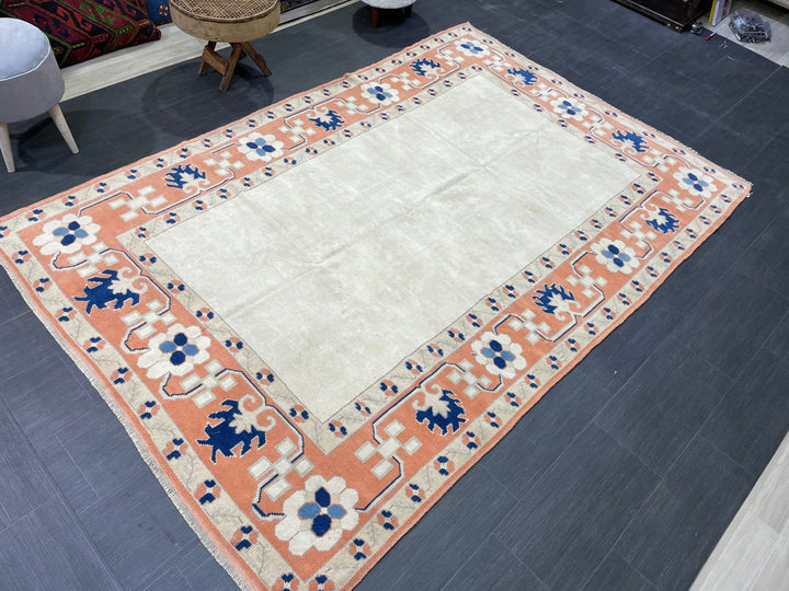 Beige Turkish Oushak Rug 5' 10" x 8' 7" Hand-Knotted