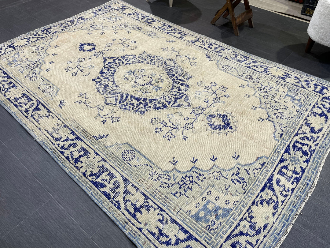 Beige Turkish Oushak Rug 4'6" x 6'8" Hand-Knotted