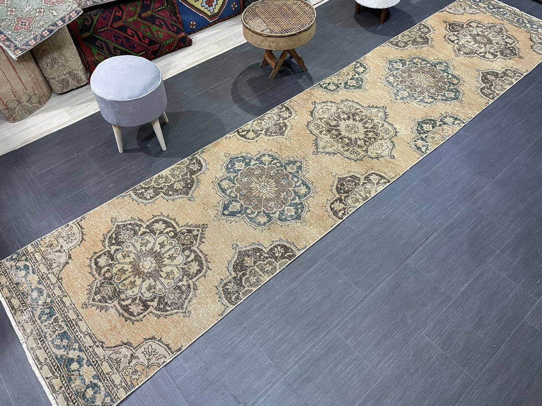 Beige Turkish Runner Rug 2' 10" x 13' Hand-Knotted