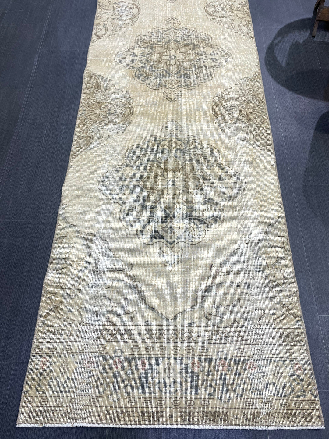 Beige Turkish Runner Rug 2' 10" x 12' 9" Hand-Knotted close-up