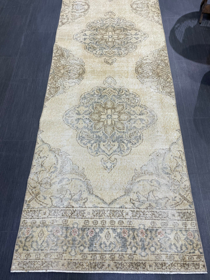 Beige Turkish Runner Rug 2' 10" x 12' 9" Hand-Knotted close-up