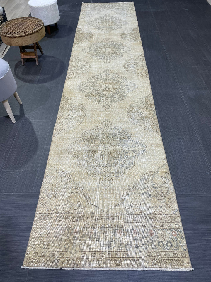 Beige Turkish Runner Rug 2' 10" x 12' 9" Hand-Knotted field
