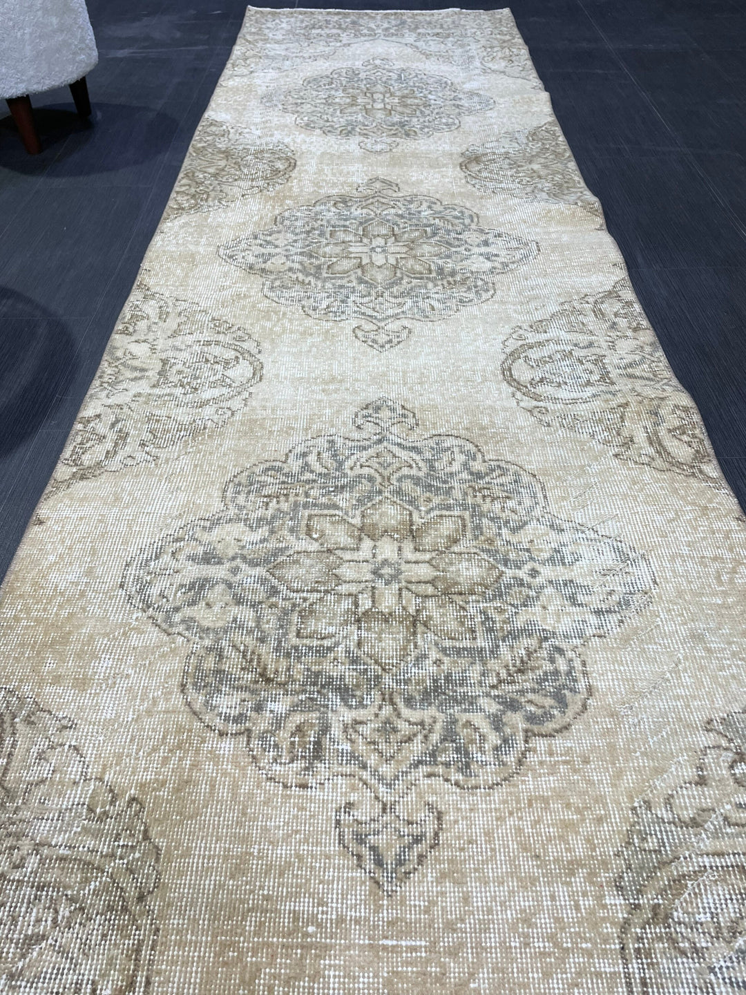 Beige Turkish Runner Rug 2' 10" x 12' 9" Hand-Knotted reverse