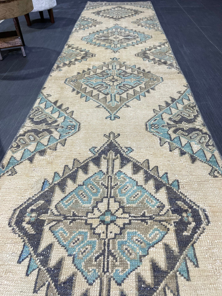 Beige Turkish Runner Rug 2' 7" x 12' 4" Hand-Knotted border