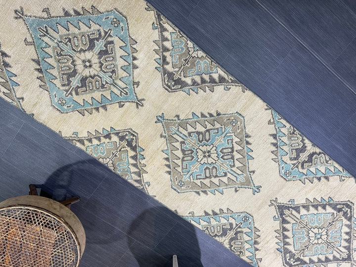 Beige Turkish Runner Rug 2' 7" x 12' 4" Hand-Knotted field