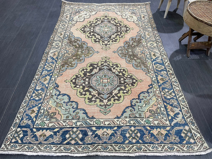 Navy Turkish Runner Rug 4' 1" x 6' 6" Hand-Knotted close-up
