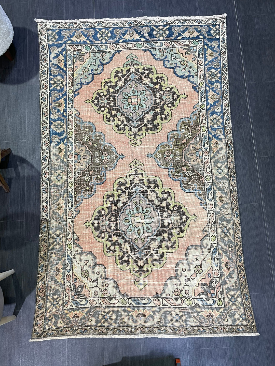 Navy Turkish Runner Rug 4' 1" x 6' 6" Hand-Knotted field