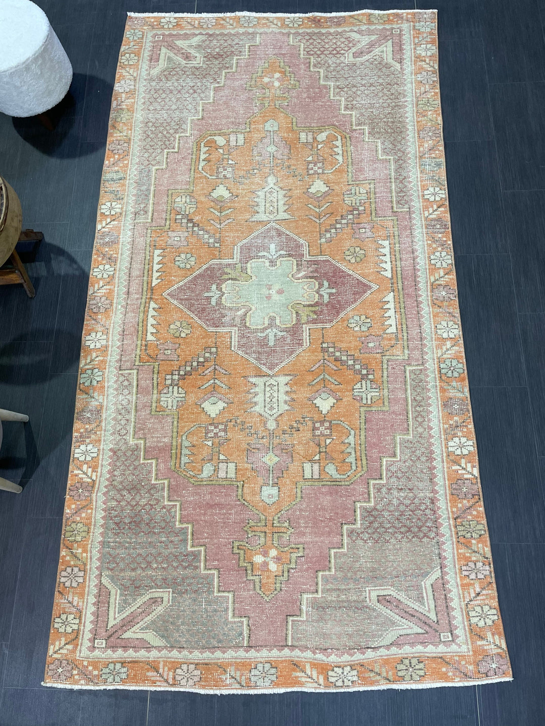 Orange Turkish Runner Rug 4' 5" x 8' 6" Hand-Knotted close-up