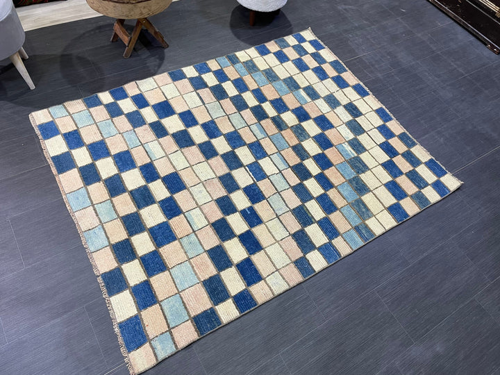 Blue Turkish Runner Rug 4' 7" x 5' 10" Hand-Knotted | No. WR74170