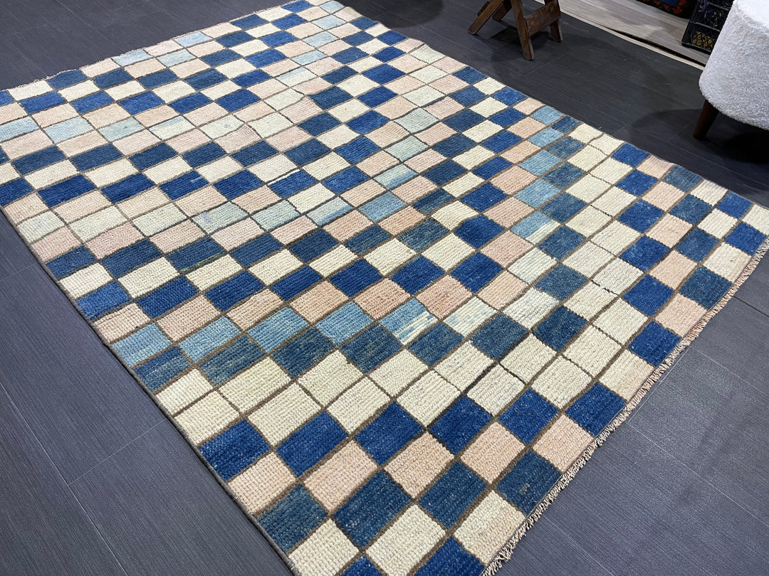Blue Turkish Runner Rug 4' 7" x 5' 10" Hand-Knotted | No. WR74170