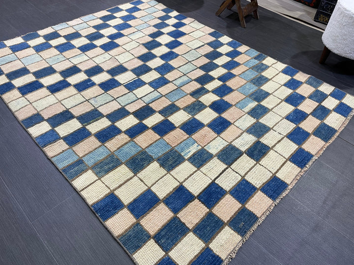 Blue Turkish Runner Rug 4' 7" x 5' 10" Hand-Knotted | No. WR74170