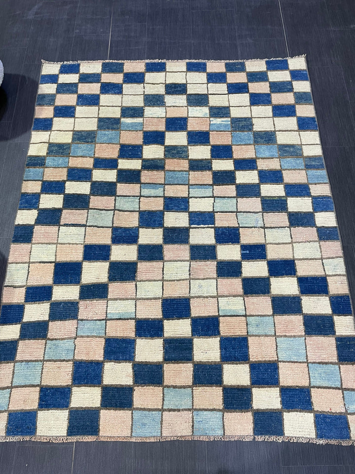 Blue Turkish Runner Rug 4' 7" x 5' 10" Hand-Knotted | No. WR74170