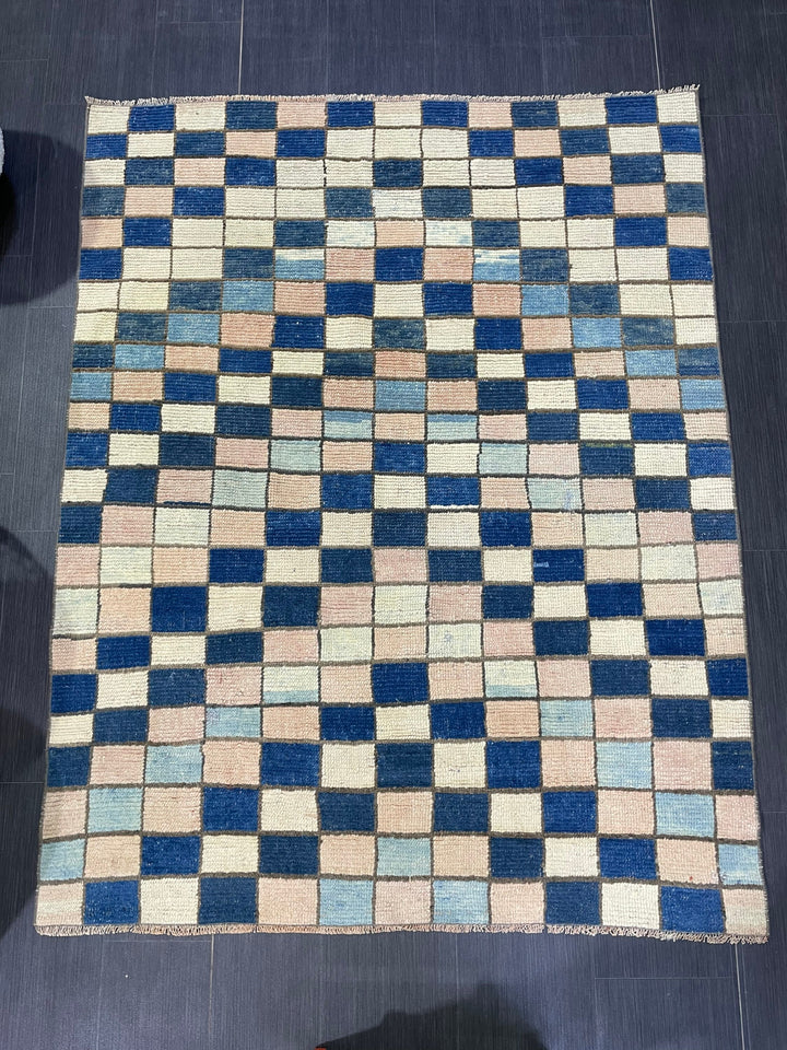 Blue Turkish Runner Rug 4' 7" x 5' 10" Hand-Knotted | No. WR74170