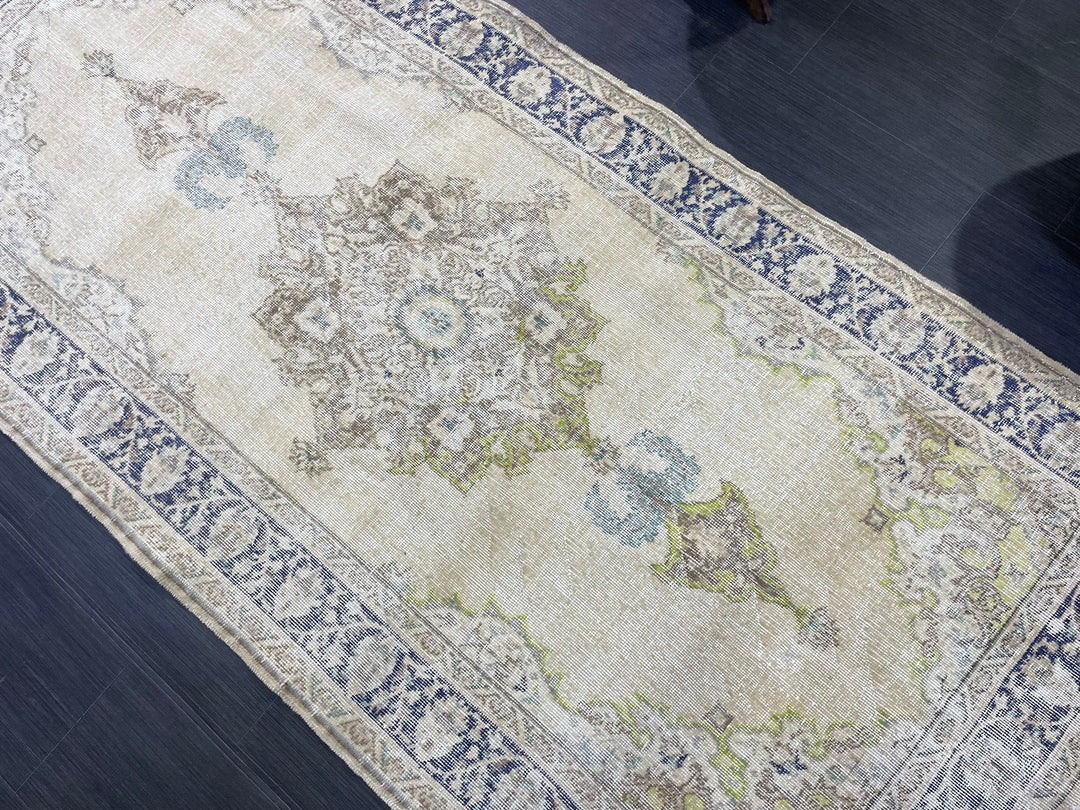 Beige Turkish Oushak Rug 3' 8" x 8' Hand-Knotted close-up