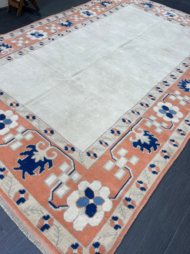 Beige Turkish Oushak Rug 5' 10" x 8' 7" Hand-Knotted reverse