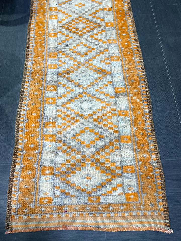 Beige Turkish Runner Rug 3' 2" x 13' 2" Hand-Knotted border