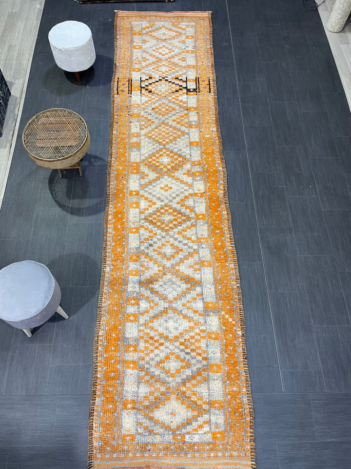 Beige Turkish Runner Rug 3' 2" x 13' 2" Hand-Knotted field