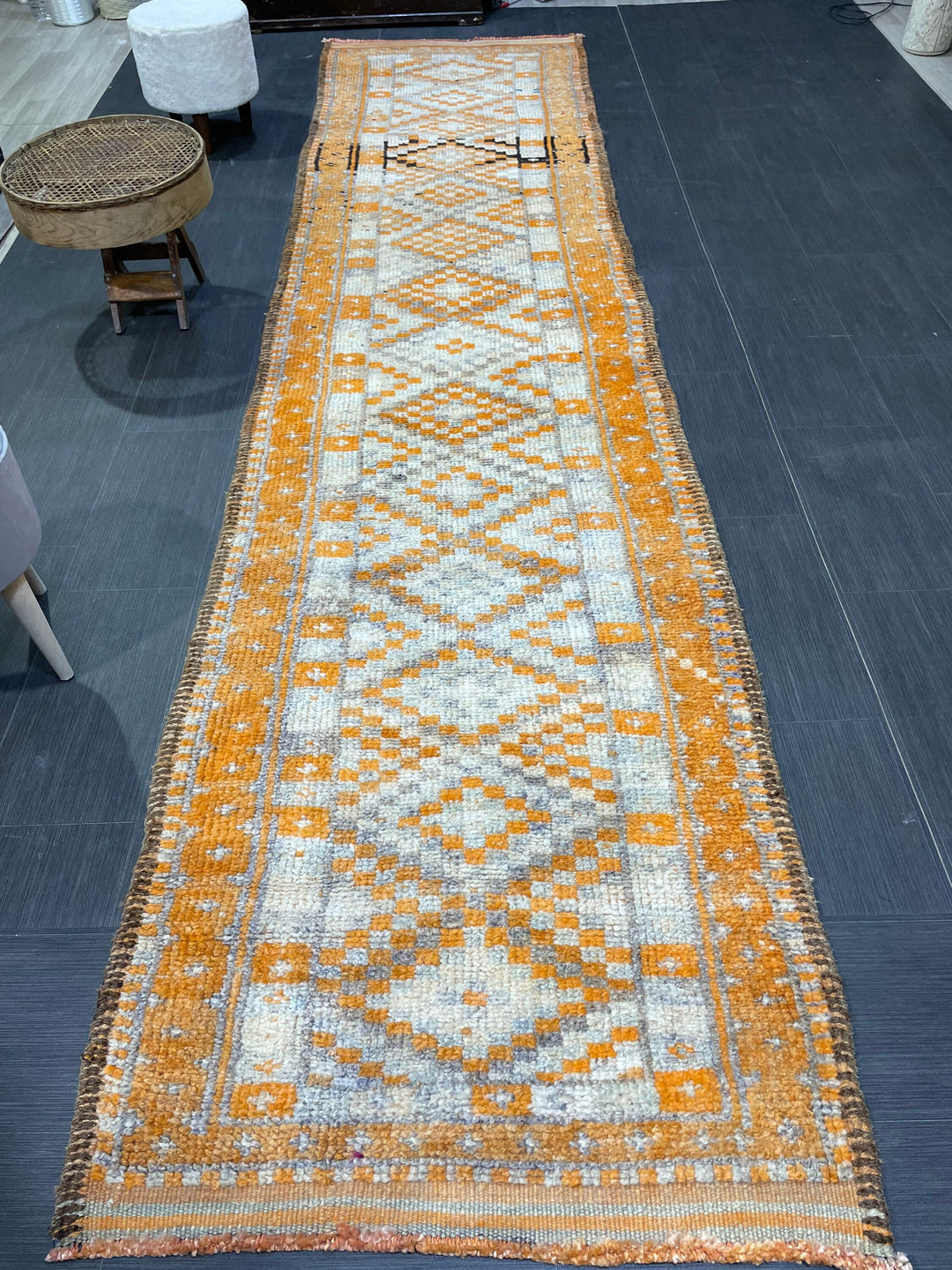 Beige Turkish Runner Rug 3' 2" x 13' 2" Hand-Knotted reverse