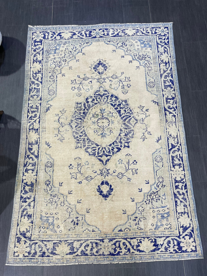Beige Turkish Oushak Rug 4'6" x 6'8" Hand-Knotted reverse