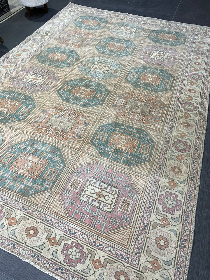 Beige Turkish Oushak Rug 6' 4" x 9' 6" Hand-Knotted close-up