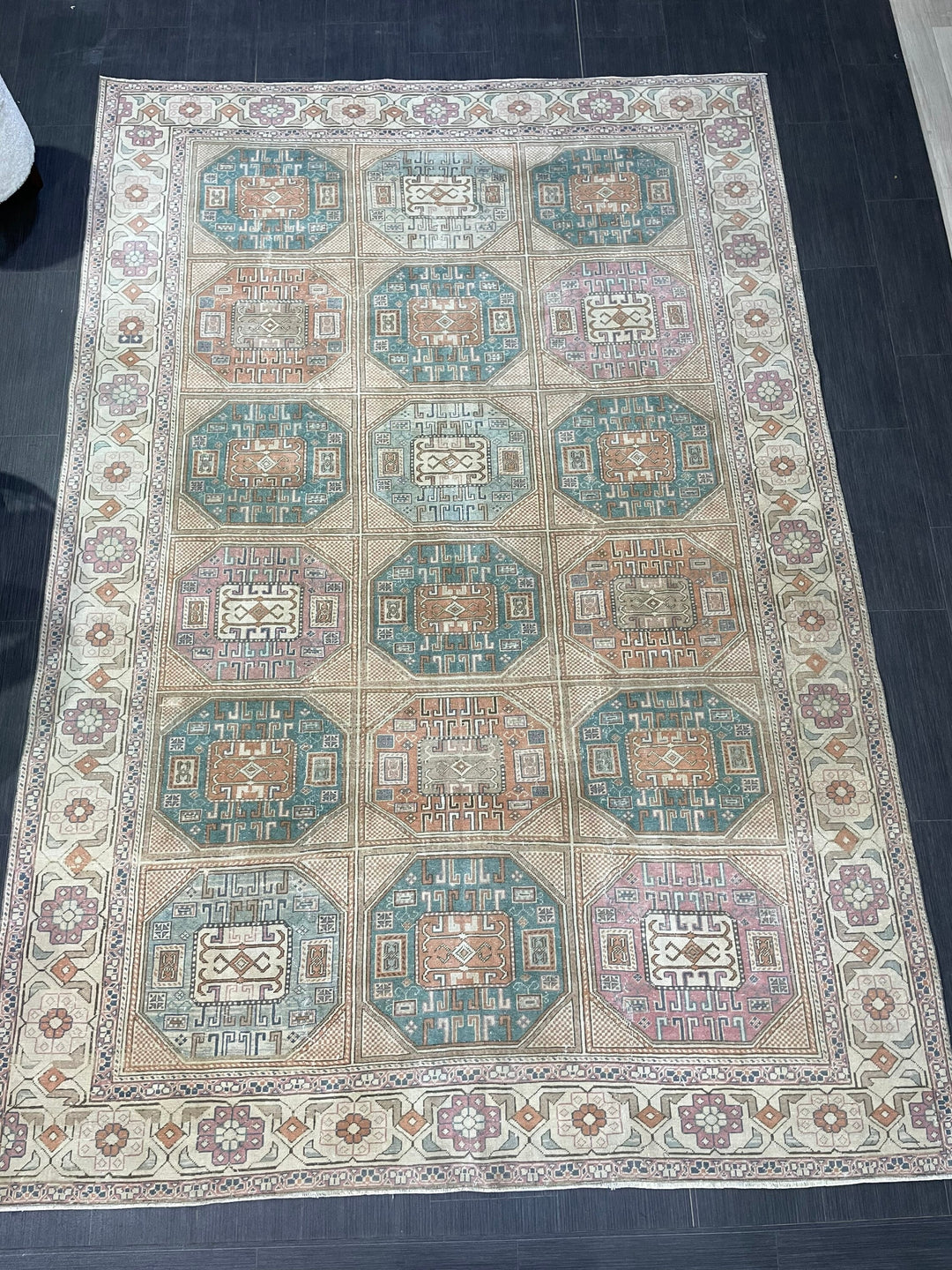 Beige Turkish Oushak Rug 6' 4" x 9' 6" Hand-Knotted reverse