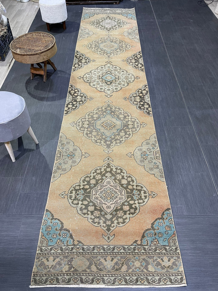 Beige Turkish Runner Rug 2' 10" x 13' 1" Hand-Knotted field