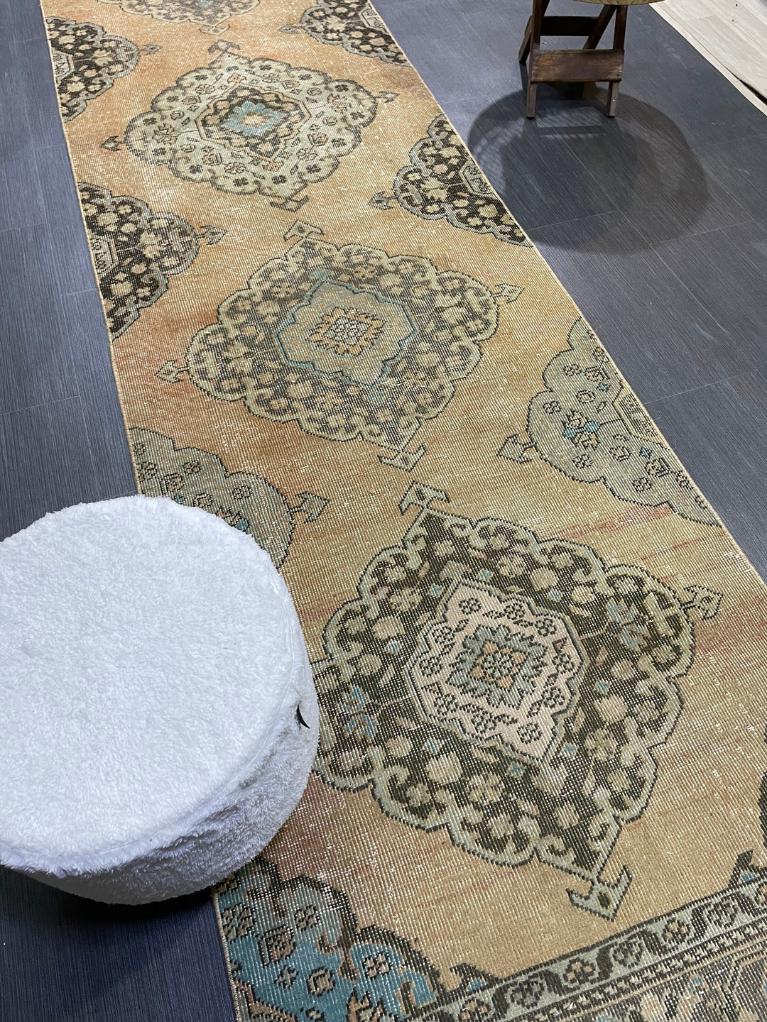 Beige Turkish Runner Rug 2' 10" x 13' 1" Hand-Knotted texture