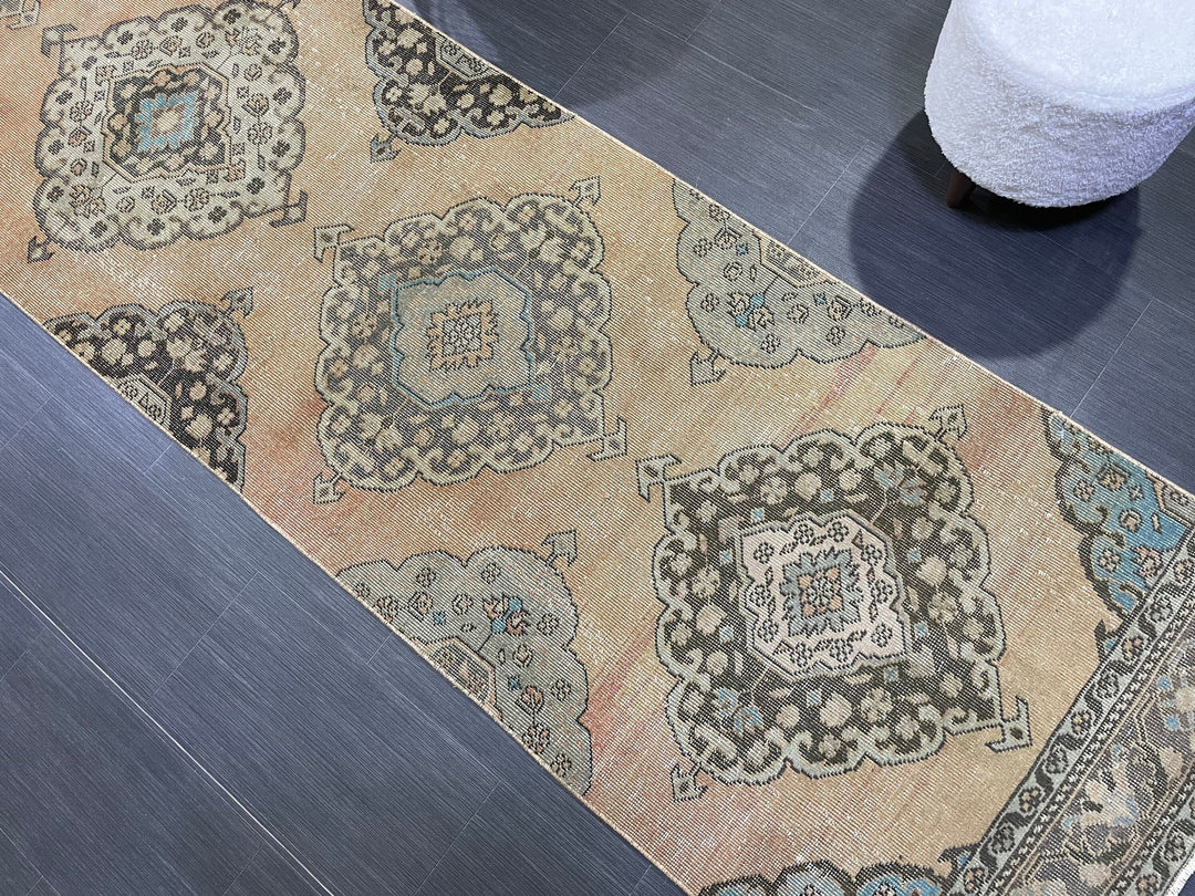 Beige Turkish Runner Rug 2' 10" x 13' 1" Hand-Knotted reverse