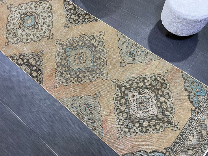 Beige Turkish Runner Rug 2' 10" x 13' 1" Hand-Knotted reverse