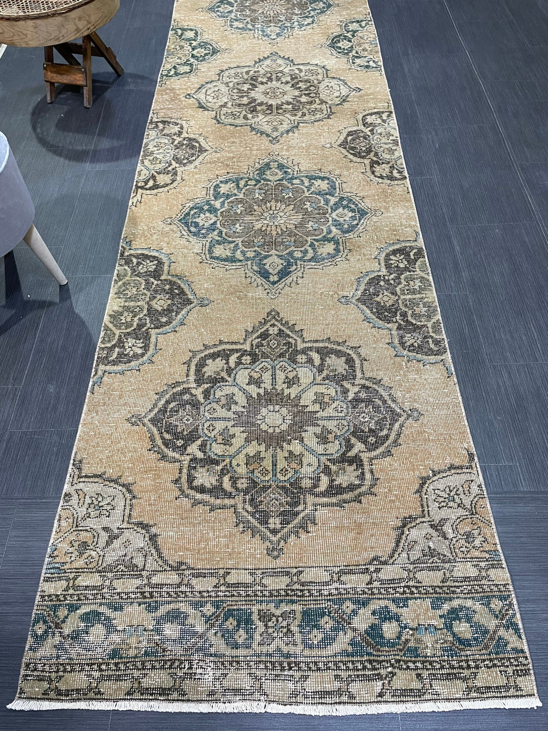 Beige Turkish Runner Rug 2' 10" x 13' Hand-Knotted reverse
