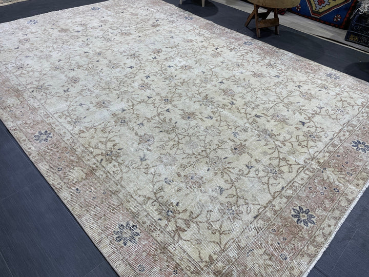 Beige Turkish Runner Rug 6' 5" x 9' 5" Hand-Knotted