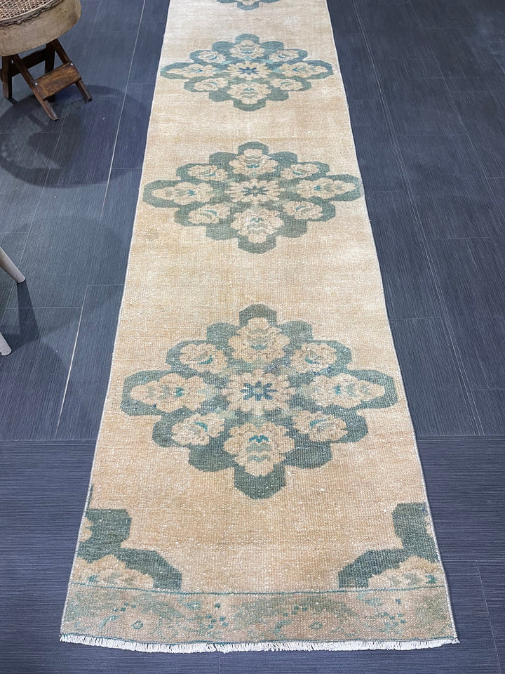 Beige Turkish Runner Rug 2' 4" x 13' 1" Hand-Knotted close-up