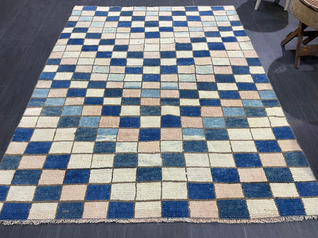 Blue Turkish Runner Rug 4' 7" x 5' 10" Hand-Knotted | No. WR74170