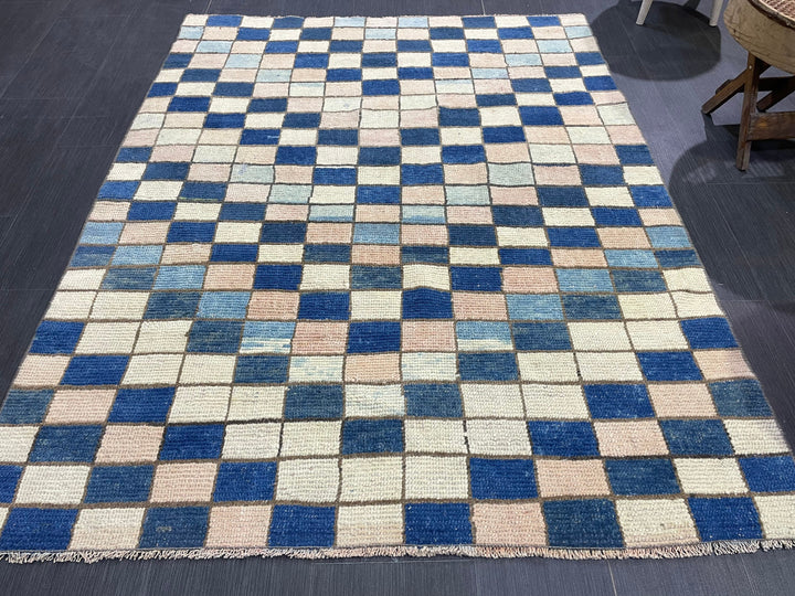 Blue Turkish Runner Rug 4' 7" x 5' 10" Hand-Knotted | No. WR74170