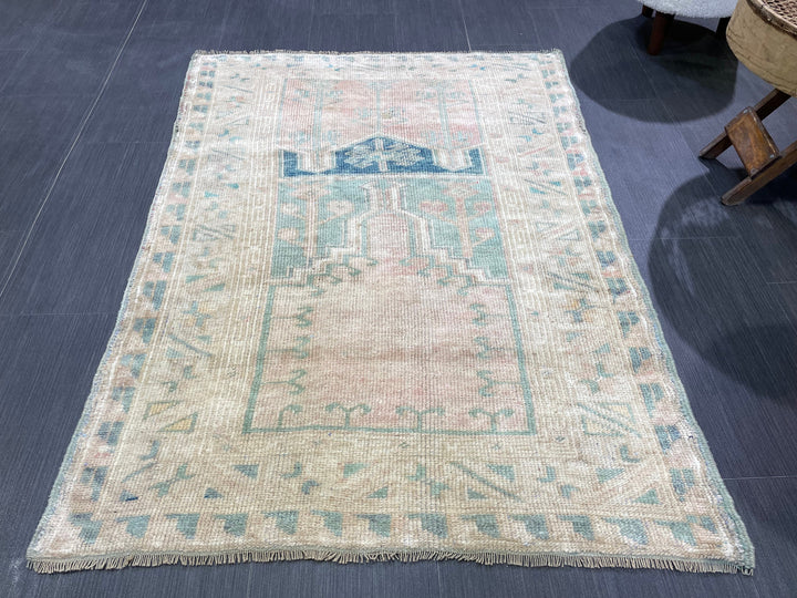 Beige Turkish Runner Rug 3' 2" x 4' 5" Hand-Knotted