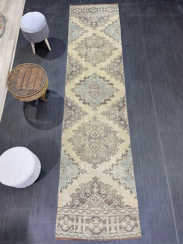 Beige Turkish Runner Rug 2' 8" x 11' 2" Hand-Knotted field