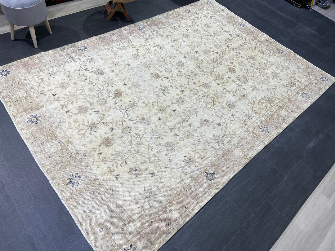 Beige Turkish Runner Rug 6' 5" x 9' 5" Hand-Knotted reverse