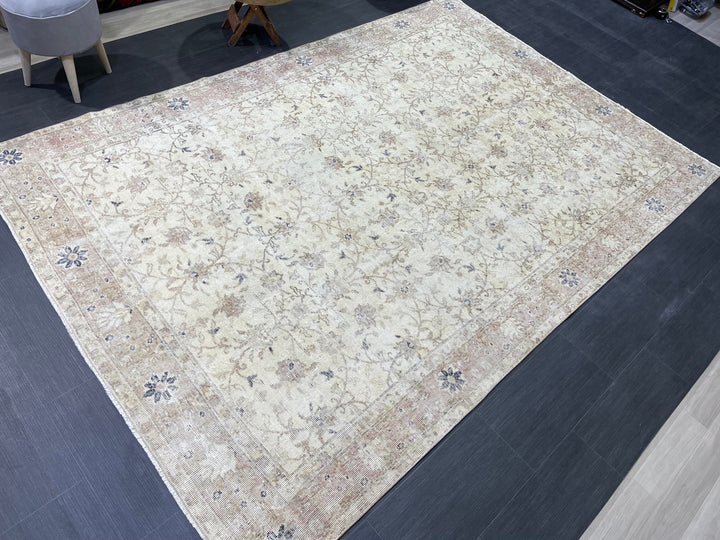 Beige Turkish Runner Rug 6' 5" x 9' 5" Hand-Knotted reverse