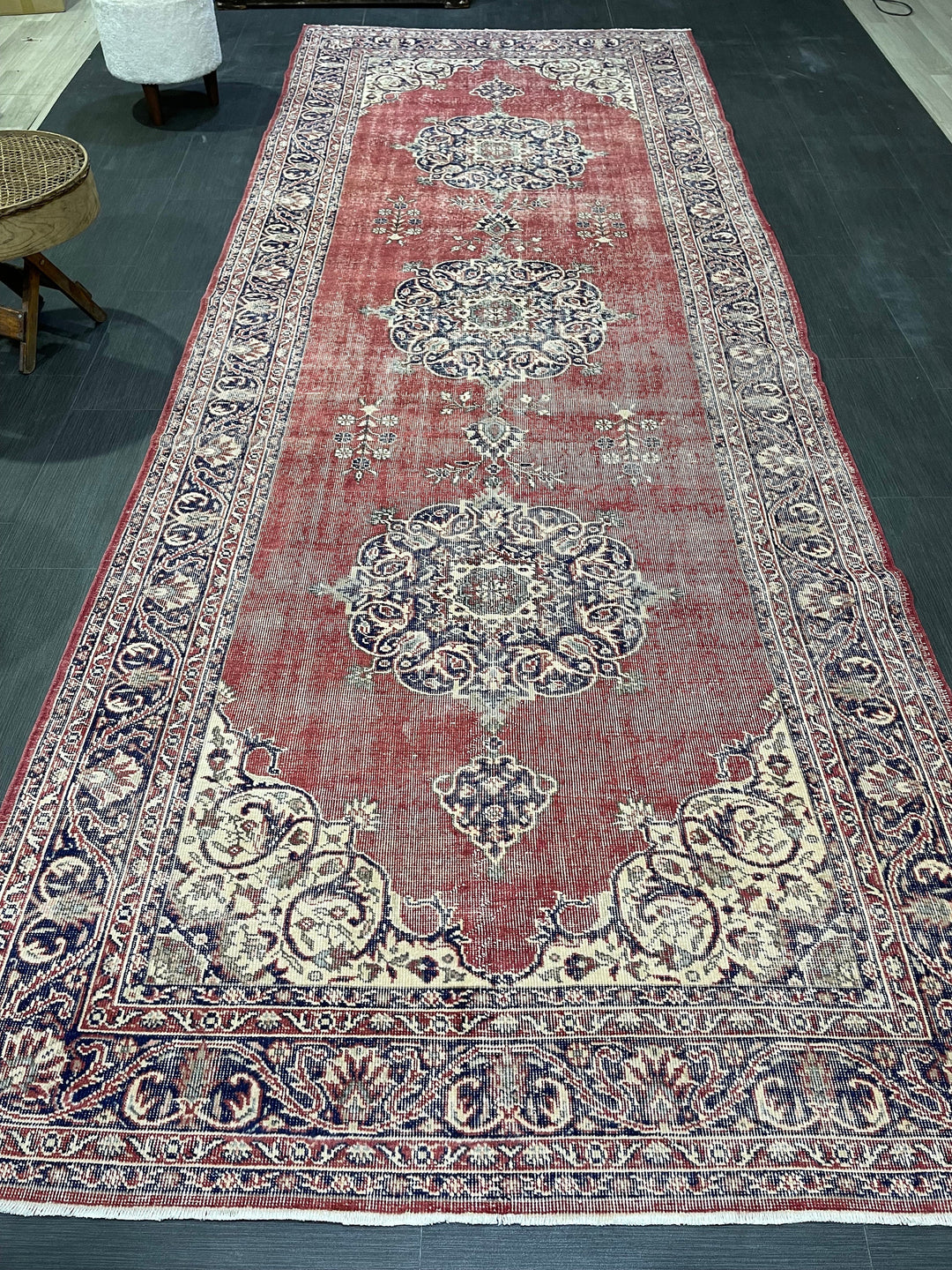 Beige Turkish Runner Rug 4' 10" x 12' 10" Hand-Knotted border