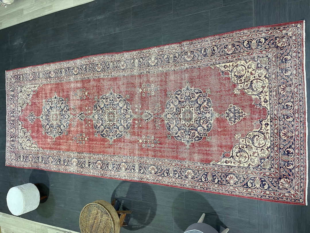 Beige Turkish Runner Rug 4' 10" x 12' 10" Hand-Knotted reverse