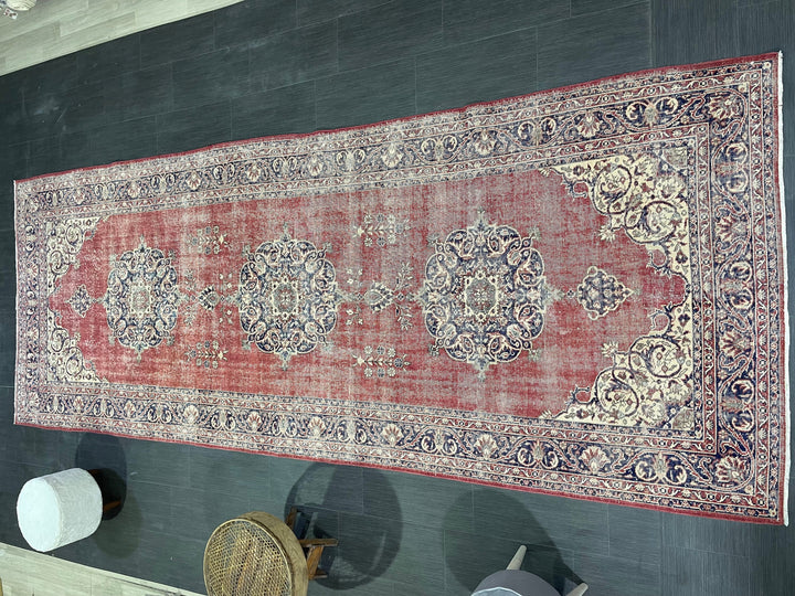 Beige Turkish Runner Rug 4' 10" x 12' 10" Hand-Knotted reverse