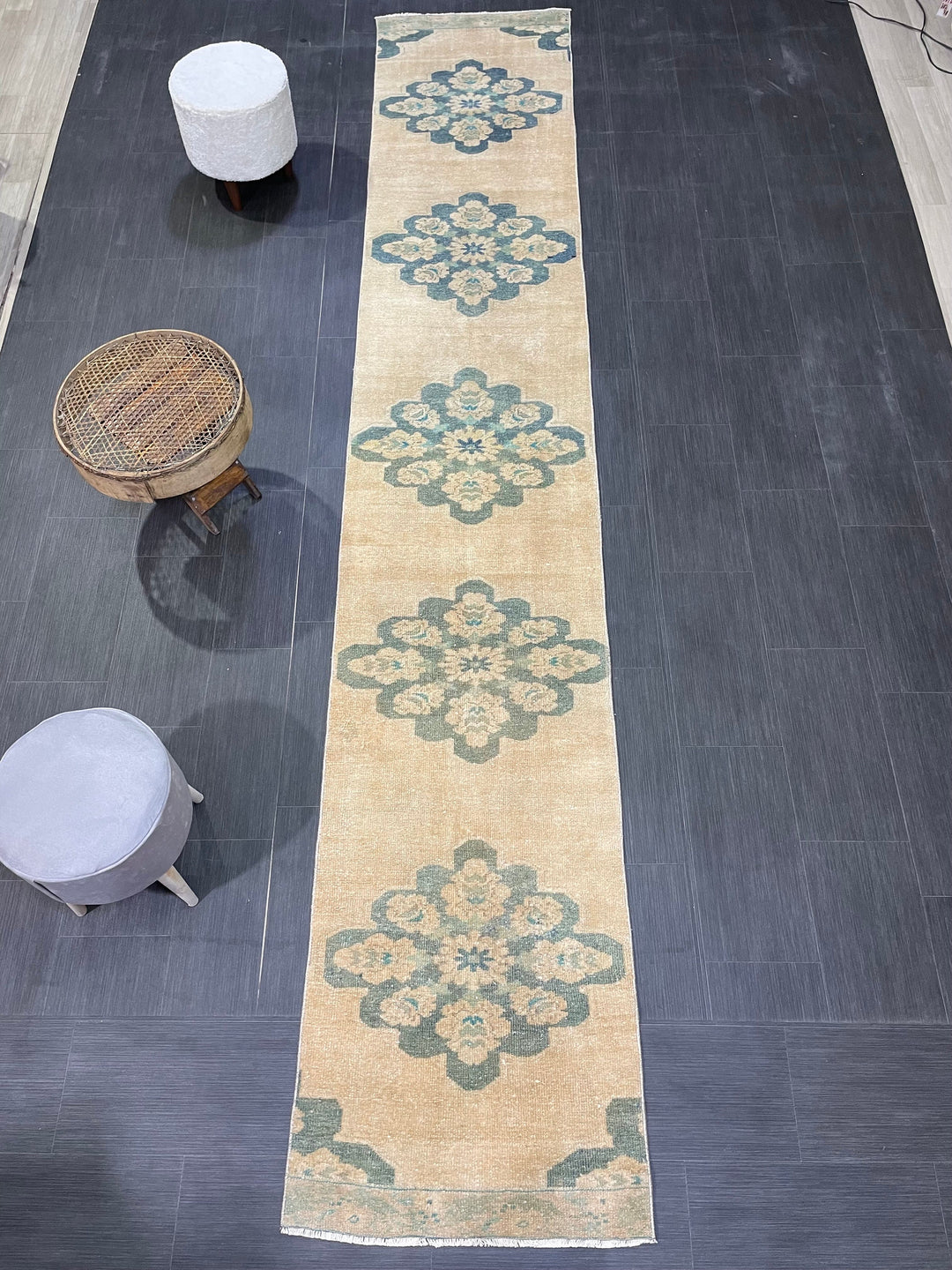 Beige Turkish Runner Rug 2' 4" x 13' 1" Hand-Knotted texture