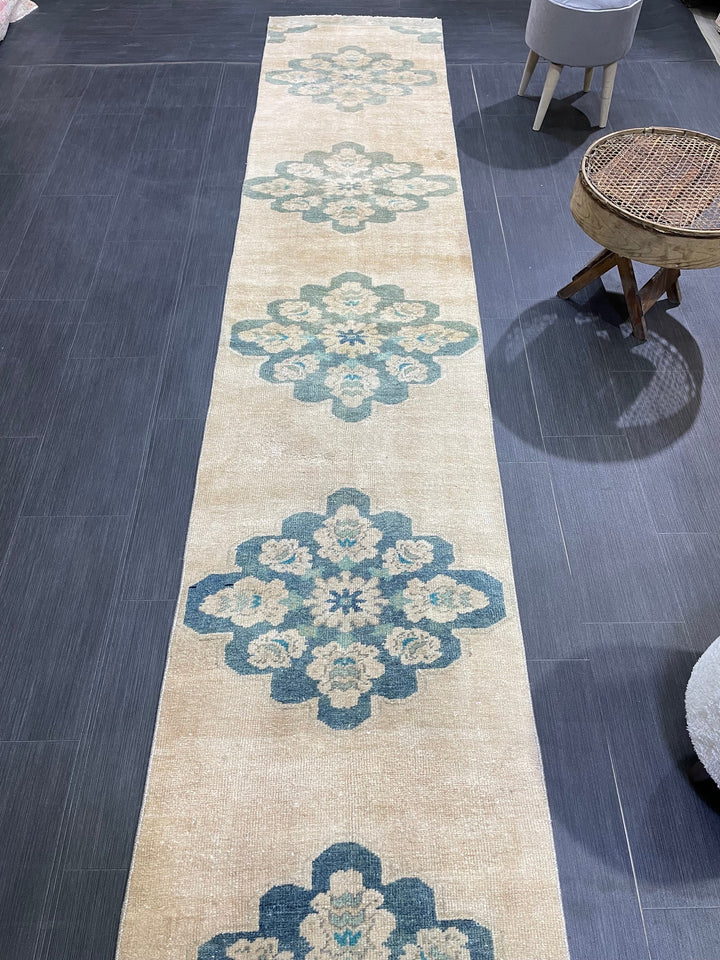 Beige Turkish Runner Rug 2' 4" x 13' 1" Hand-Knotted reverse