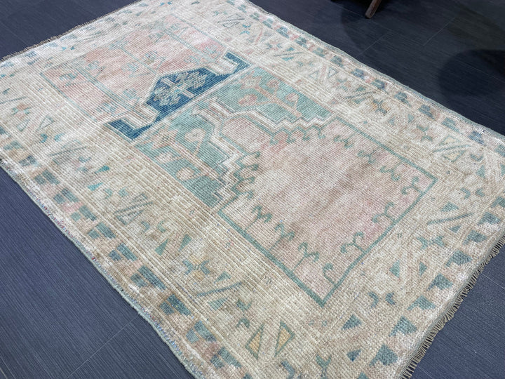 Beige Turkish Runner Rug 3' 2" x 4' 5" Hand-Knotted close-up