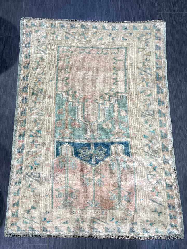 Beige Turkish Runner Rug 3' 2" x 4' 5" Hand-Knotted reverse