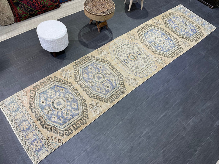 Beige Turkish Runner Rug 2' 9" x 11' 4" Hand-Knotted | No. WR11608