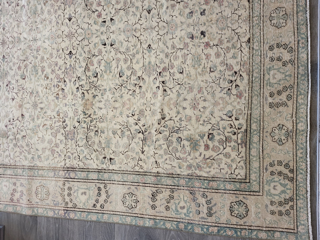 Beige Turkish Oushak Rug 6' 7" x 9' 4" Hand-Knotted close-up