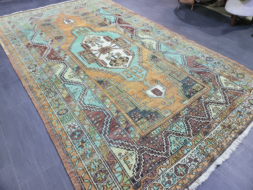 Orange Turkish Runner Rug 4' 8" x 7' 9" Hand-Knotted