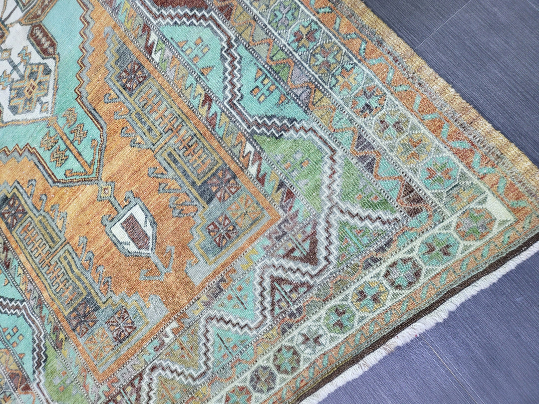 Orange Turkish Runner Rug 4' 8" x 7' 9" Hand-Knotted close-up