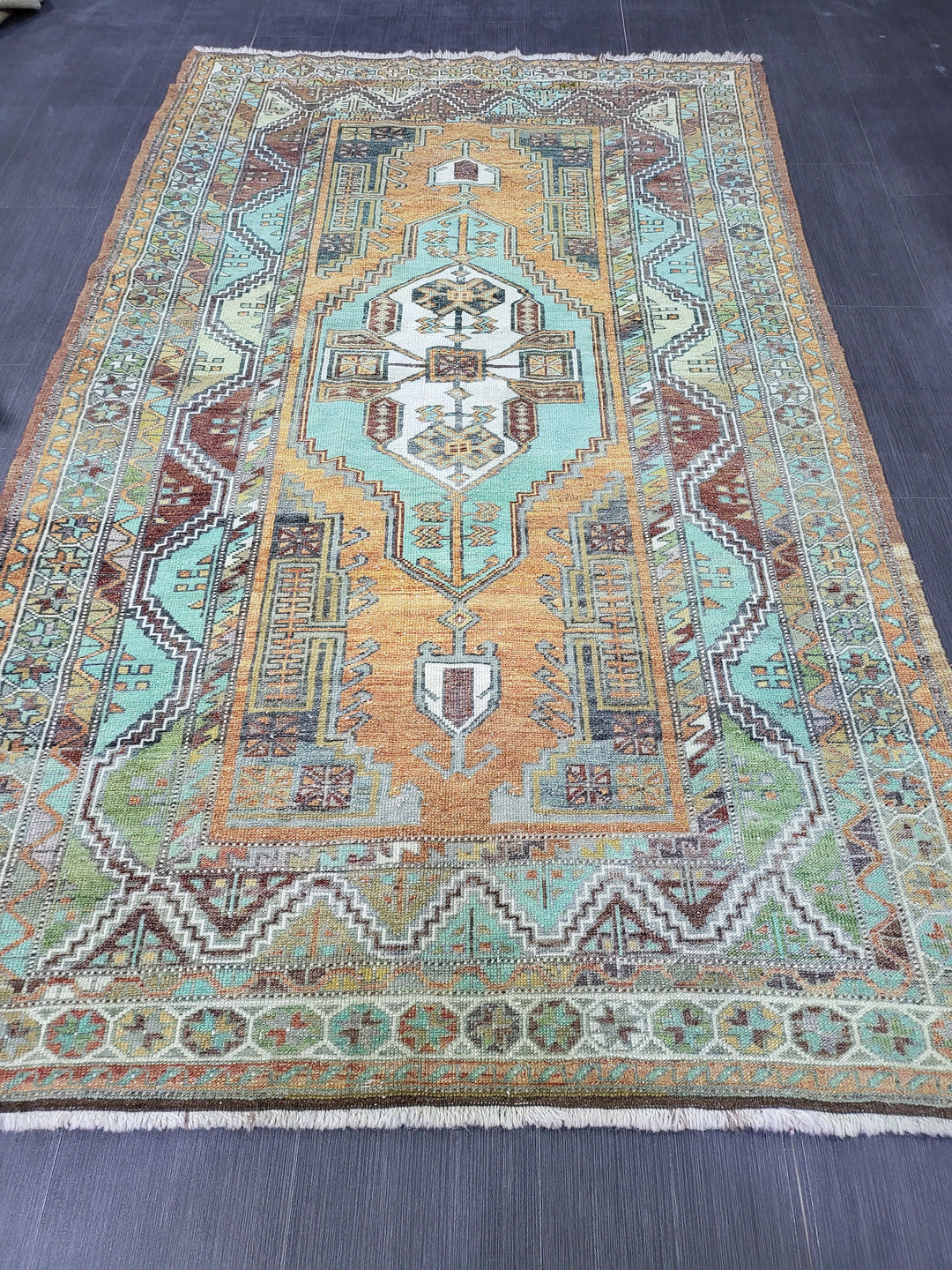 Orange Turkish Runner Rug 4' 8" x 7' 9" Hand-Knotted reverse